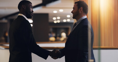 Handshake, partnership deal or corporate people agreement for client investment, b2b contract negotiation or acquisition. Human resources, business hiring and government job interview with HR manager - obrazy, fototapety, plakaty