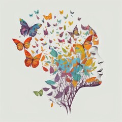Human brain with colorful butterflies illustrating human fantasy and mental health concepts. AI Generated.