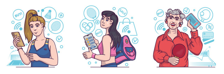 Sporty cartoon women choosing goods online. Ladies looking for sports equipment for tennis. Ordering and choosing products via smartphone. Flat vector illustration in blue and red colors