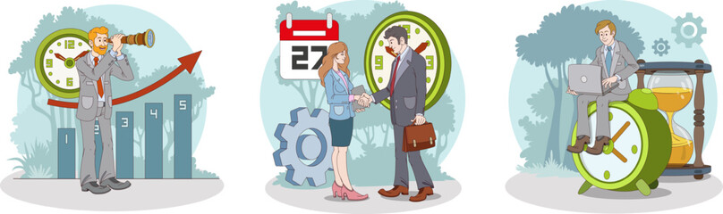 Set of cartoon employees work successfully and on time. Male and woman in office clothes shaking hands. Male sitting on big clock and working on laptop. Worker looking for ways to develop company