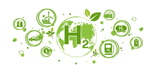 Fototapeta na wymiar The concept of clean Hydrogen Energy with icons, changing the CO2 fuel cell to H2 switching to clean hydrogen energy with friendly and sustainable development for environment and alternative lifestyle