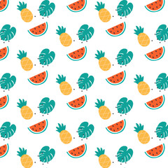 SUMMER seamless  PATTERN WATERMELON, PINEAPPLE, TROPICAL LEAF white background