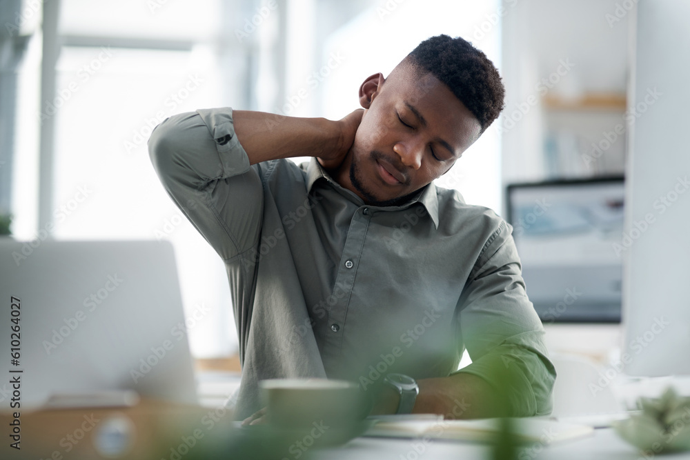 Wall mural black man, neck pain and stress in office from burnout, anxiety or overworked pressure and debt. tir