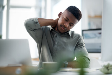 Black man, neck pain and stress in office from burnout, anxiety or overworked pressure and debt....
