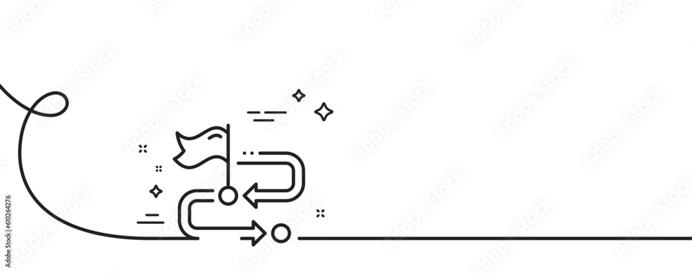 Poster travel path line icon. continuous one line with curl. location flag sign. success symbol. travel pat