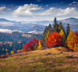 Gloomy autumn view of Carpathian mountains. Picturesque outdoor scene of Sokilsky ridge, Ukraine, Europe. Beauty of nature concept background..