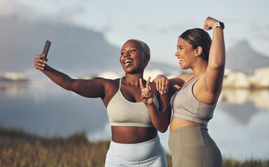 Fitness, woman taking selfie and workout in nature with plus size. Motivation or success, exercise...