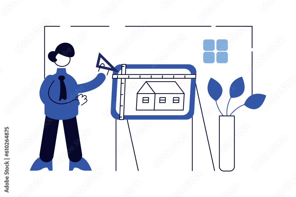 Poster concept architect studio with people scene in the flat cartoon design. an architect is developing a 