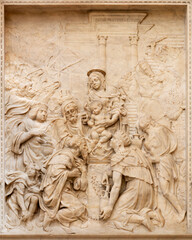Fototapeta na wymiar NAPLES, ITALY - APRIL 23, 2023: The marble relief of Three Magi in the church Chiesa di San Giovanni a Carbonara by Giovanni Domenico D’Auria from beginn of 16. cent.