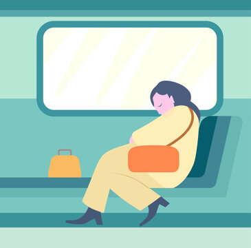 Young woman sleeping on public transit flat style vector illustration , tired lady sleeping on public bus or train  simple vector image