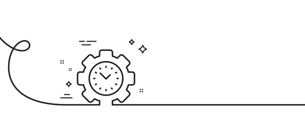 Time management line icon. Continuous one line with curl. Clock sign. Gear symbol. Time management single outline ribbon. Loop curve pattern. Vector