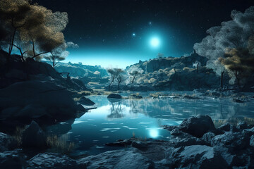 Fototapeta na wymiar river in the forest at night. Generative Ai