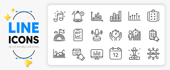 Winner, Timer and Annual calendar line icons set for app include Music making, Reminder, Lgbt outline thin icon. Musical note, Infochart, Growth chart pictogram icon. Diagram graph, Dao. Vector
