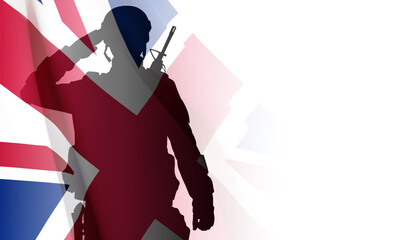 Silhouette of a soldier with United Kingdom flag on white background. Background for Remembrance Day. United Kingdom Armed Forces concept. EPS10 vector