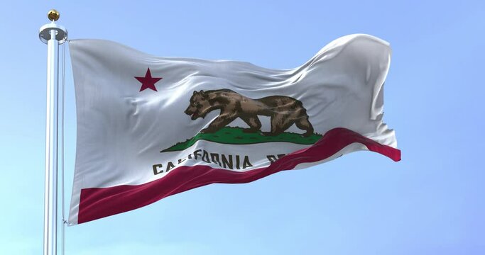 Seamless loop in slow motion of California State flag waving in the wind on a clear day