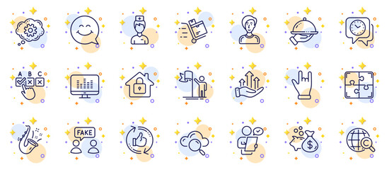 Outline set of Loan, Inventory cart and Horns hand line icons for web app. Include Cloud computing, Refresh like, Lock pictogram icons. Businesswoman person, Fake information, Puzzle signs. Vector