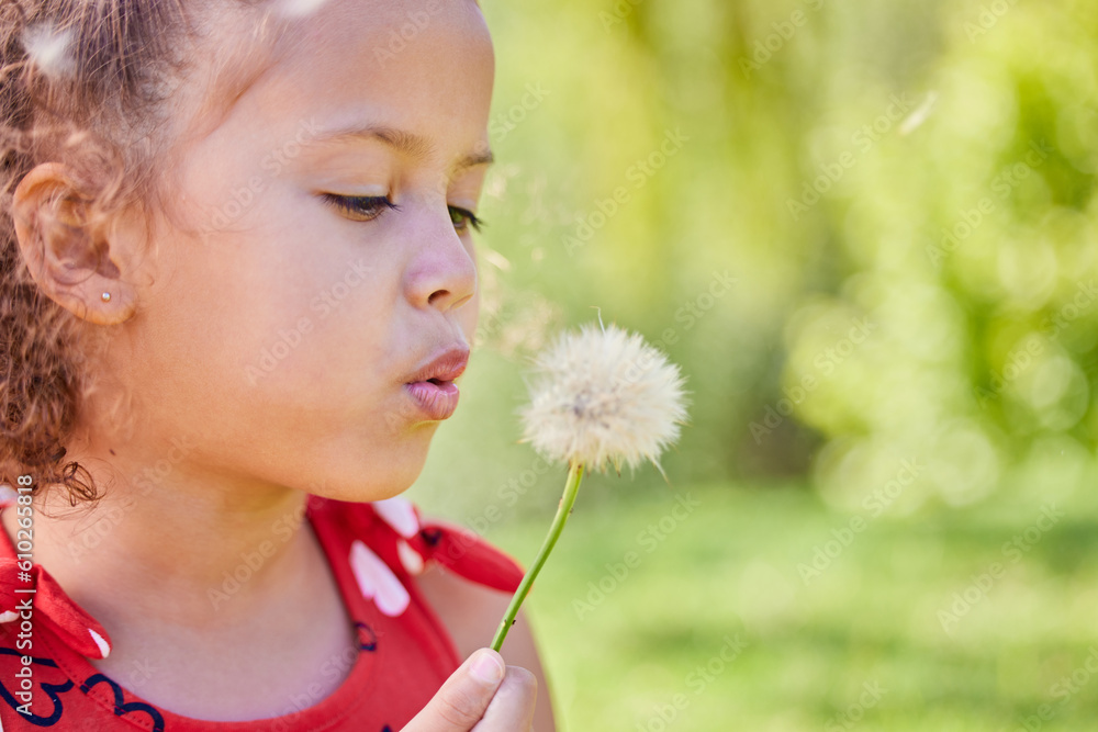 Poster Spring, dandelion and relax with child in park for freedom, youth and growth with mockup space. Nature, summer and flowers with young girl and plant in outdoors for wish, good luck and dream