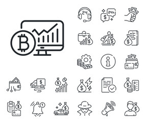 Fototapeta premium Cryptocurrency analytics sign. Cash money, loan and mortgage outline icons. Bitcoin graph line icon. Crypto money statistics symbol. Bitcoin chart line sign. Credit card, crypto wallet icon. Vector