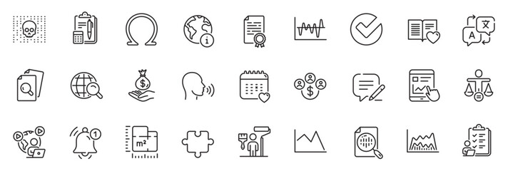 Icons pack as Certificate diploma, Human sing and Translate line icons for app include Omega, Inspect, Cyber attack outline thin icon web set. Internet, Puzzle, Ethics pictogram. Vector