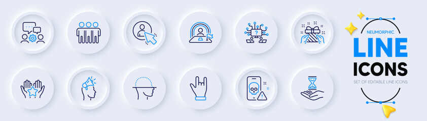 Lgbt, Horns hand and Teamwork question line icons for web app. Pack of Friendship, Ranking, Brand ambassador pictogram icons. Gift, Cyber attack, Engineering team signs. Time hourglass. Vector