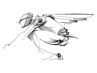 Angel with wings. Silhouette of a crouching angel. Line drawing of a man