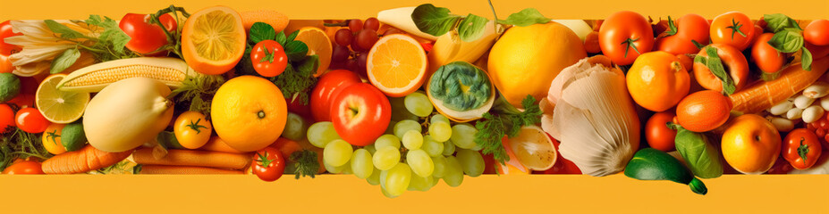 Obraz na płótnie Canvas Variety of fruits and vegetables, fruits and veggies, fruit market texture pattern banner. Generative Ai.
