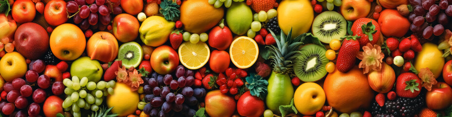 Naklejka na ściany i meble Variety of fruits and vegetables, fruits and veggies, fruit market texture pattern banner. Generative Ai.
