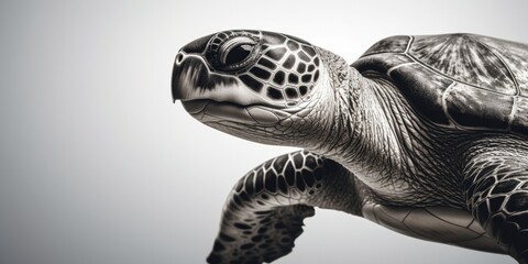 Black and white portrait, close-up of a sea turtle, turtle, caretta caretta, black and white background, Generative AI
