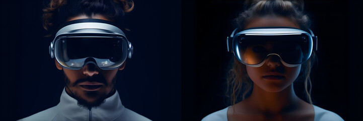 Naklejka premium Portrait of man and woman in VR AR mask headset with transparent glass. Futuristic concept. New Technology. Generative Ai.