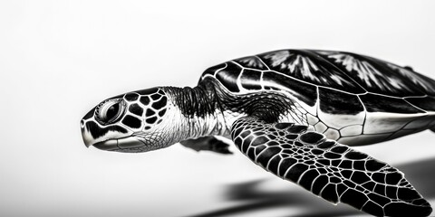 Black and white portrait, close-up of a sea turtle, turtle, caretta caretta, black and white background, Generative AI