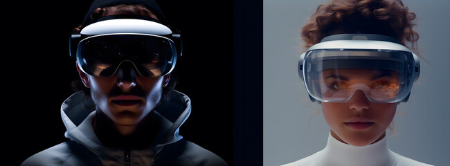 Portrait of man and woman in VR AR mask headset with transparent glass. Futuristic concept. New Technology. Generative Ai.