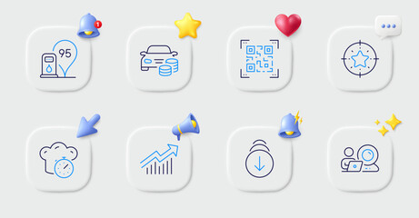 Video conference, Scroll down and Demand curve line icons. Buttons with 3d bell, chat speech, cursor. Pack of Qr code, Cooking timer, Buy car icon. Petrol station, Star target pictogram. Vector