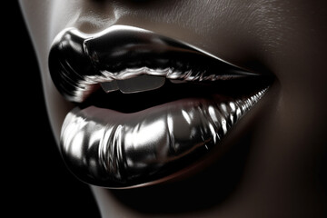 Make-up, beauty and fashion concept. Silver and shiny woman lips isolated on black background. Generative AI