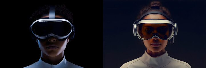 Portrait of man and woman in VR AR mask headset with transparent glass. Futuristic concept. New Technology. Generative Ai.