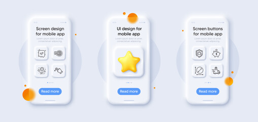 Piggy bank, Luggage protect and Drag drop line icons pack. 3d phone mockups with star. Glass smartphone screen. Fireworks, Delivery truck, 24h service web icon. Vector