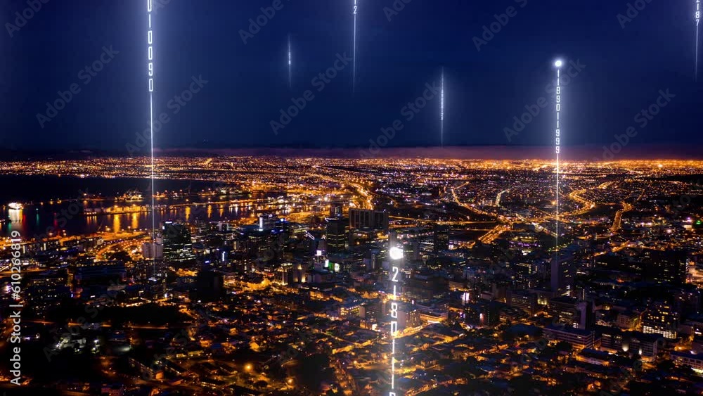 Aufkleber smart city, data streams and network connectivity with light, night or buildings with code. futurist