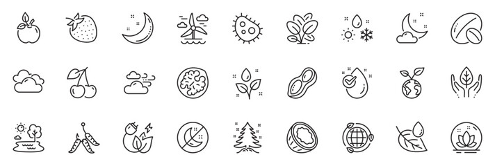 Icons pack as Fair trade, Soy nut and Bacteria line icons for app include Water drop, Eco food, Moon stars outline thin icon web set. Cherry, Windy weather, Eco energy pictogram. Lake. Vector