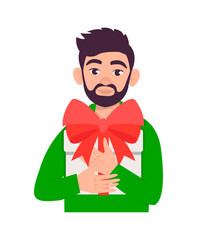 Man holds a gift box with a bow in his hands. Father's Day. Birthday. Holiday. Vector graphic.
