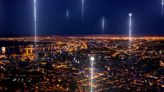 Smart city, data streams and network connectivity with light, night or buildings with code. Futuristic cityscape, internet or connection speed for global cyber development with digital transformation - Powered by Adobe