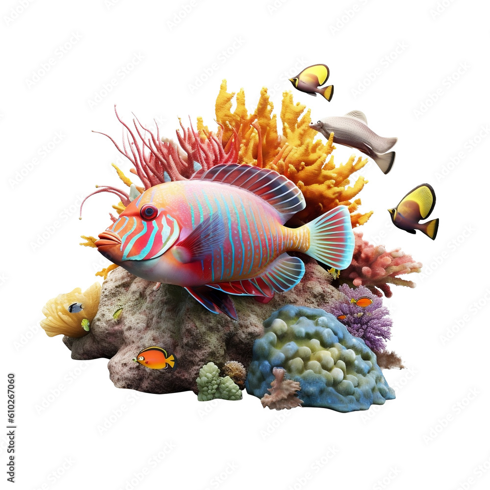 Wall mural Beautiful corals reef with exotic tropical fish sea, Fish in aquarium underwater world idea concept, isolated on white transparent background, ai generate