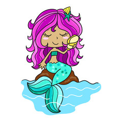 Illustration of a little mermaid with purple hair listening to a sea shell sitting on a rock, design for t-shirt