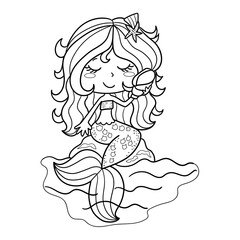Illustration in black and white of a little mermaid with purple hair listening to a sea shell sitting on a rock, coloring book