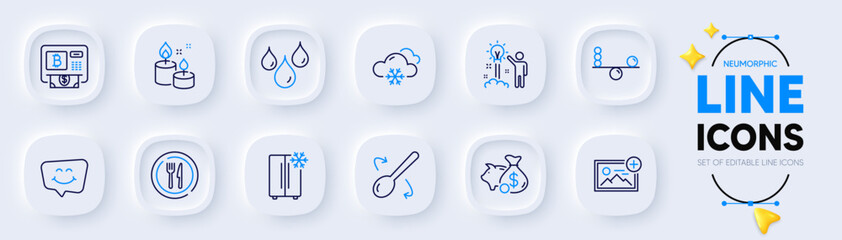 Aroma candle, Creative idea and Waterproof line icons for web app. Pack of Bitcoin atm, Add photo, Smile chat pictogram icons. Cooking spoon, Snow weather, Piggy bank signs. Refrigerator. Vector