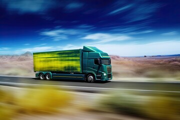 Transport truck driving through a blurred road. Generative AI