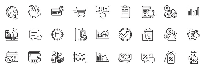 Icons pack as Financial diagram, Discount tags and Calculator alarm line icons for app include Cashback, Global business, Wallet outline thin icon web set. Audit, Calculator target. Vector