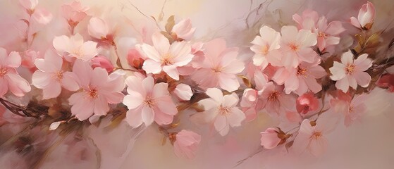 Delicate petals of flowers in soft shades of pink, creating a dreamy and romantic atmosphere. Feminine-oriented illustration, wallpaper texture, romantic image. Generative AI. 