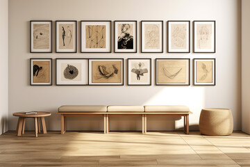 Fototapeta premium A wooden bench with an art wall behind on a living room area. Home decoration concept.