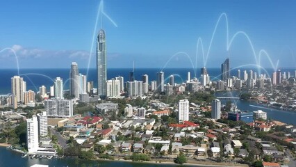 Smart city, connection and light by buildings for network, communication and contact with web 3 signal. Futuristic cityscape, fast internet and connectivity for global cyber development in metro cbd