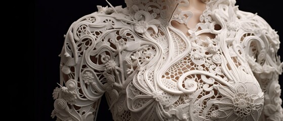 Intricate lace-like patterns merging with sculpted forms, showcasing the intricate craftsmanship and delicate details. Feminine-oriented illustration, wallpaper texture. Generative AI. 