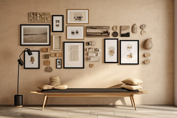 A wooden bench with an art wall behind on a living room area. Home decoration concept.